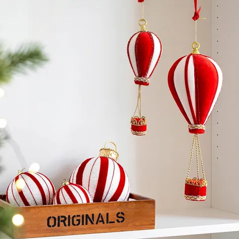 Addobbi Natalizi a Righe Bianche E Rosse in Schiuma E Velluto Palline E Mongolfiere Decorazioni Sospese per Albero di Natale E Casa