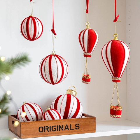 Ornements Suspendus de Noël Rayés Rouge Blanc Montgolfière en Mousse Avec Flocage Pailleté Pour Décor de Sapin
