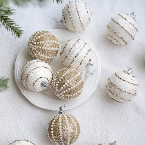Elegantes Bolas De Navidad De Espuma Con Purpurina Y Perlas Artificiales Artificiales Champagne Plata Decoración Colgante De Vacaciones