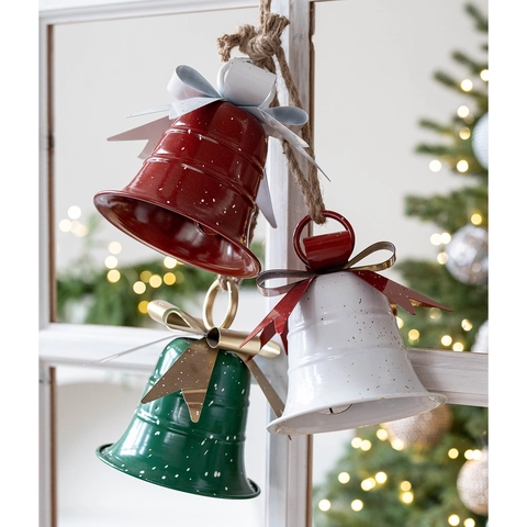 Large Christmas Metal Bell Hanging Decoration With Bowknot And Jute Rope Rustic Snowflake Pattern Festive Tree Ornament