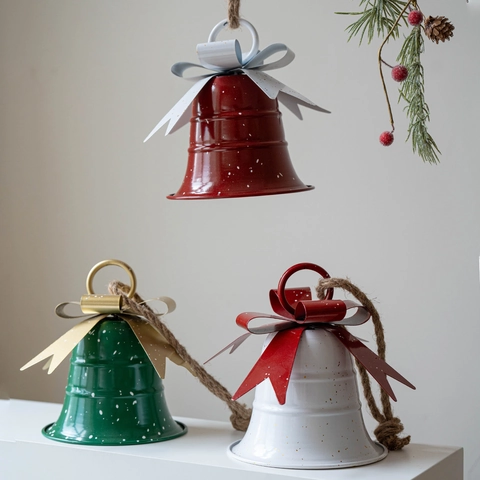 Vintage Iron Christmas Bell Ornament With Snowflake Pattern Bowknot Hemp Rope For Holiday Party Home Hanging Decoration
