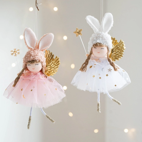 Cute Angel Rabbit Girl Doll Pendant With Golden Wings Sequin Mesh Skirt Fairy Wand For Christmas Tree Hanging Home Decoration