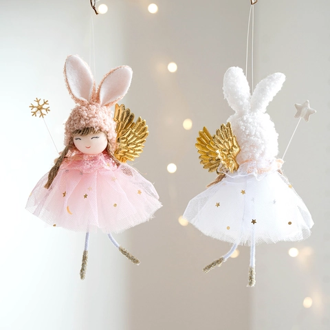 Cute Angel Rabbit Girl Doll Pendant With Golden Wings Sequin Mesh Skirt Fairy Wand For Christmas Tree Hanging Home Decoration