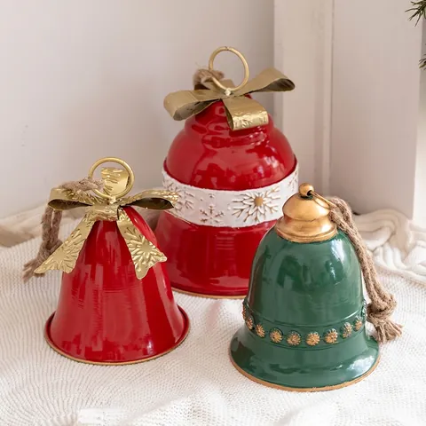 Large Vintage Iron Christmas Bell Hanging Decoration With Jute Rope And Bowknot Metal Bells For Christmas Tree Window Scene Decor