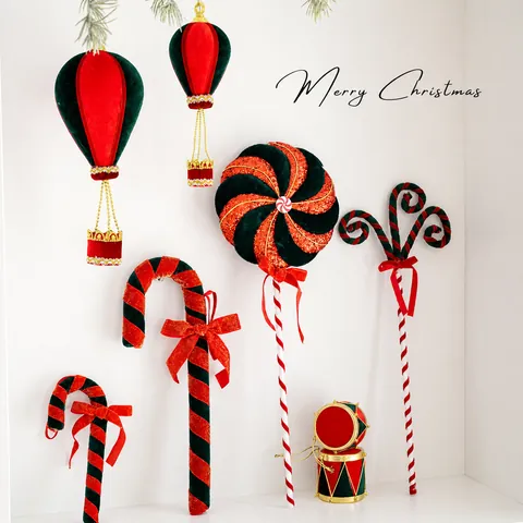 Christmas Velvet Candy Cane Lollipop Balloon Ornament Red Green Gold Glitter Christmas Tree Hanging Decoration Pendant