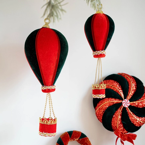 Décorations de Noël à Suspendre en Velours Rouge Vert Sucre d'Orge Tambour Montgolfière Ornements pour Fête de Noël Maison