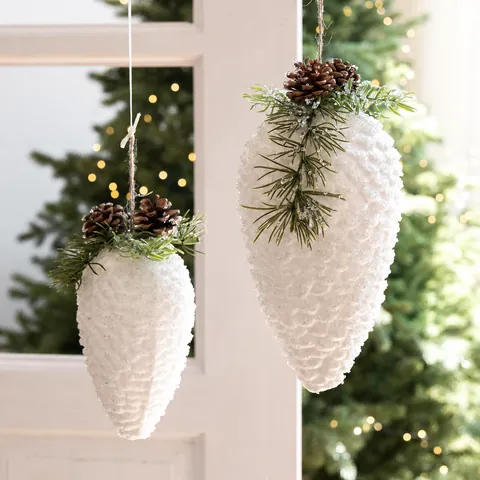 Grand Petit Pendentif Pomme de Pin Simulé de Noël Blanc Givré Or Argent Décoration Suspendue Avec Aiguilles de Pin Simulées Pommes de Pin Naturelles Pour Arbre de Noël Maison Fête Bureau Ornement de Vacances