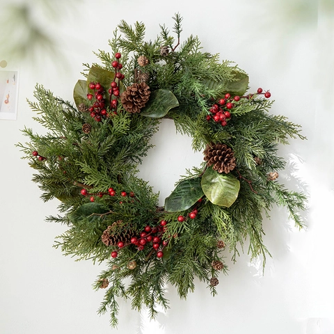 High Grade Christmas PE Garland Wreath With Pine Cones Red Berries Realistic Forest Style For Fireplace Wall Window Home Decor