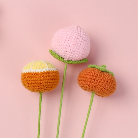 Flores De Frutas De Ganchillo Hechas A Mano Caqui Naranja Melocotón Conejo Zanahoria Lana Tejida Ramo Tallos Decoración Mesa