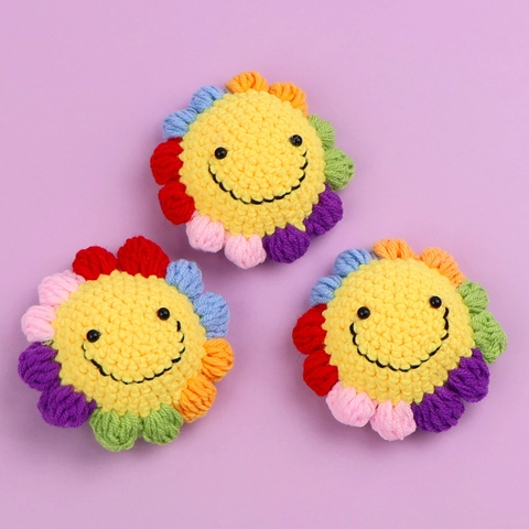 Decoración De Girasol Tejida A Mano Cara Sonriente Colores Del Arco Iris Flor De Punto De Lana Para Decoración Del Hogar Regalo