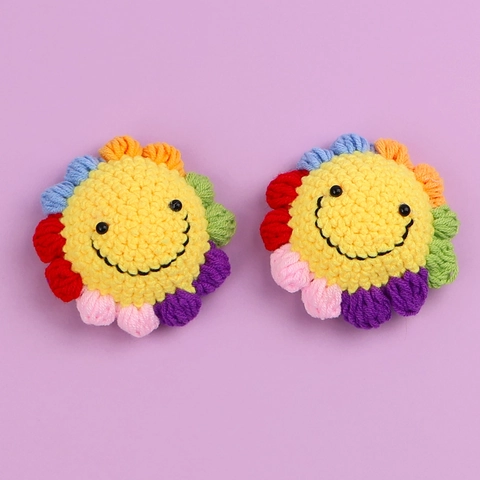 Decoración De Girasol Tejida A Mano Cara Sonriente Colores Del Arco Iris Flor De Punto De Lana Para Decoración Del Hogar Regalo