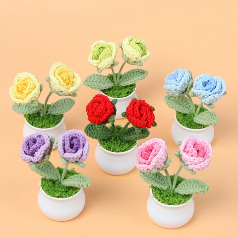 Plante En Pot De Rose Crochetée À La Main Fleur Artificielle Ornement De Bureau Décoration De Bureau Cadeau