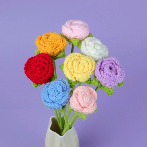 Handmade Crochet Rose Flower Branch Yarn Knitted Artificial Bloom For Home Decor Gift Valentine Day Aesthetic Romantic