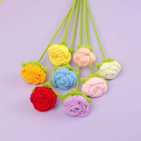 Handmade Crochet Rose Flower Branch Yarn Knitted Artificial Bloom For Home Decor Gift Valentine Day Aesthetic Romantic