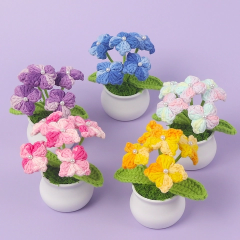 Handmade Crochet Hydrangea Potted Plant Wool Yarn Artificial Flower Desktop Car Ornament Small Decorative Gift