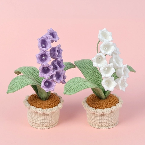 Handmade Crochet Lily Of The Valley Artificial Potted Flower With Artificial Pearl Yarn Knitted Plant For Home Desk Decor Women Gift