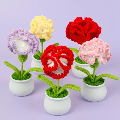 Pianta in Vaso di Garofano Artificiale Fatto a Mano all'Uncinetto Con Vaso in Ceramica Regalo per la Festa della Mamma Decorazione per la Casa