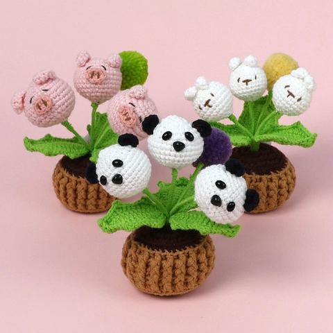 Handmade Crochet Animal Potted Plants Yarn Knit Panda Pig Rabbit Artificial Flowers Night Light Desktop Decor Gift