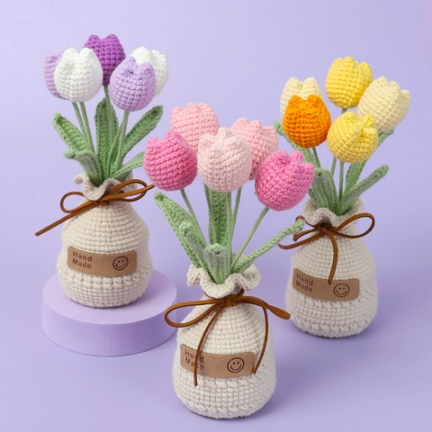 Handmade Crochet Tulip Potted Plant Yarn Knitted Artificial Flower Decoration With Vase Base For Mothers Day Valentines Day Home Decor