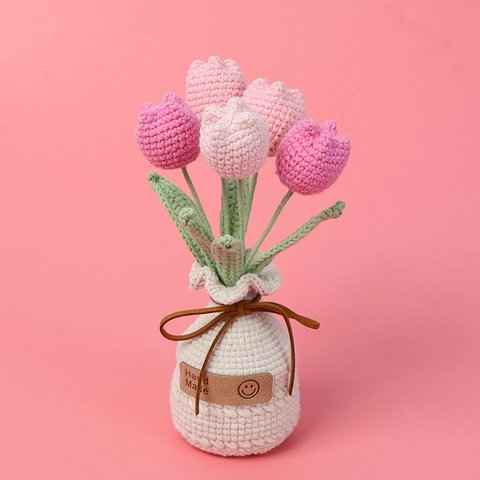 Handmade Crochet Tulip Potted Plant Yarn Knitted Artificial Flower Decoration With Vase Base For Mothers Day Valentines Day Home Decor