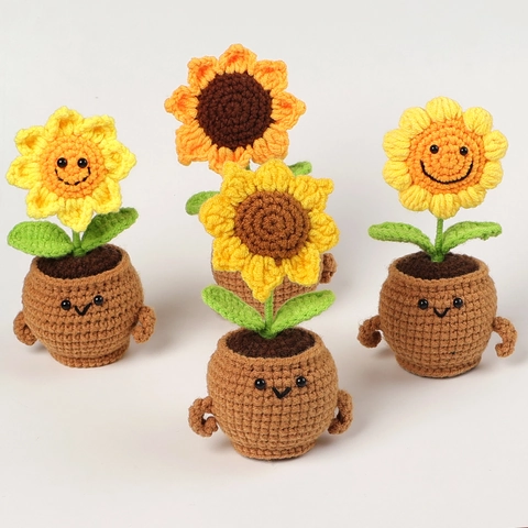 Plante En Pot Tournesol Crochetée À La Main Soutien Émotionnel Ornement De Fleur Tricoté Pour Décoration Bureau Voiture Cadeau