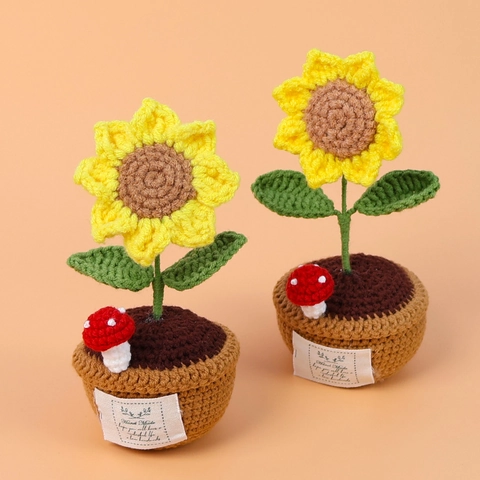 Häkeln Sonnenblume Topfpflanze Handgefertigt Gestrickt Wolle Pilz Dekor Schreibtisch Home Office Auto Geschenk Süß