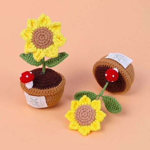 Häkeln Sonnenblume Topfpflanze Handgefertigt Gestrickt Wolle Pilz Dekor Schreibtisch Home Office Auto Geschenk Süß