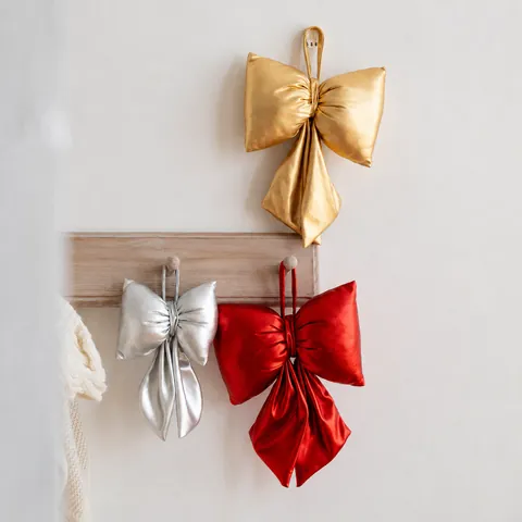 Metallic Fabric Christmas Bow Ornaments Festive Hanging Decorations For Holiday Party Tree Home Decor Gold Silver Red