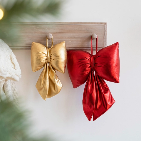 Metallic Fabric Christmas Bow Ornaments Festive Hanging Decorations For Holiday Party Tree Home Decor Gold Silver Red