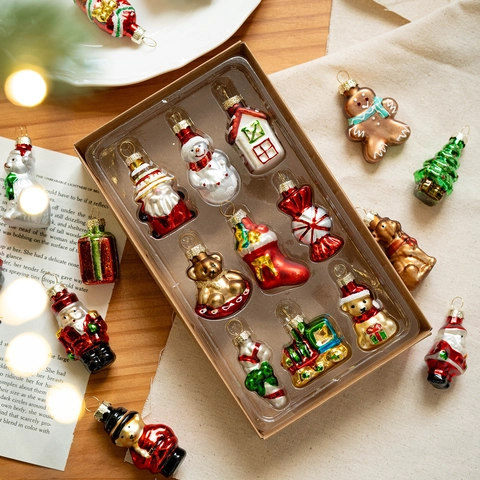 Christmas Glass Ornament Set Hand-Painted Santa Snowman Gingerbread Man Hanging Decorations For Tree Holiday Party Decor
