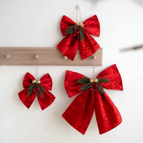 Lazo de Navidad de Terciopelo Decoración Colgante Con Campana Dorada Agujas de Pino Bayas Rojas Adorno Navideño Para el Hogar