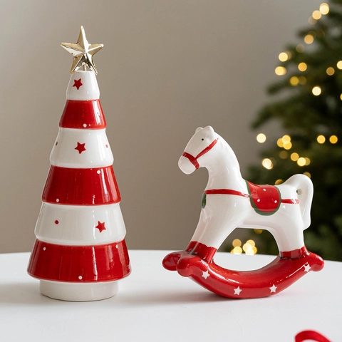 Weihnachten Keramik Schaukelpferd Ornamente Glasiert Stern Hohl Geschenkbox Figur Für Feiertage Schreibtisch Deko Geschenk