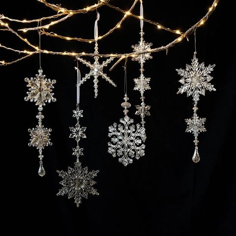 Kerst Sneeuwvlok Hangende Ornamenten Acryl Transparant Namaakkristal Kralenketting Voor Boom Raam Winter Vakantie Decor