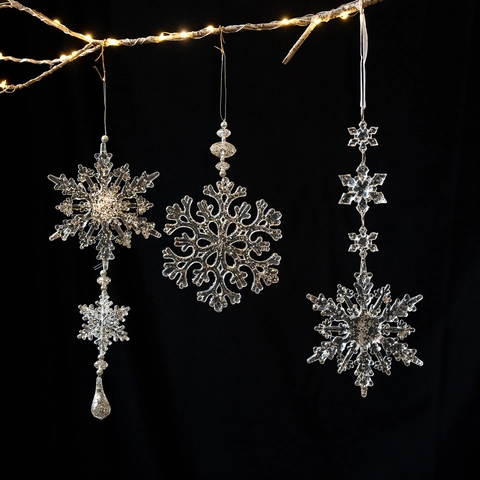 Kerst Sneeuwvlok Hangende Ornamenten Acryl Transparant Namaakkristal Kralenketting Voor Boom Raam Winter Vakantie Decor