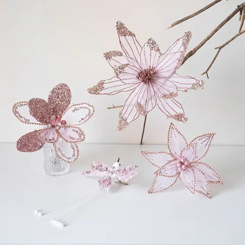 Eleganti Fiori Artificiali di Natale Rosa Maglia Brillantini Paillettes Künstliche Perle Sintetiche per Decorazione Albero Natale Casa