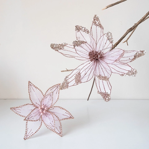 Rosa Weihnachten Künstliche Blumen Deko Mit Netz Pailletten Imitationsperlen Glitzer Für Weihnachtsbaum Hochzeit Party Home Deko