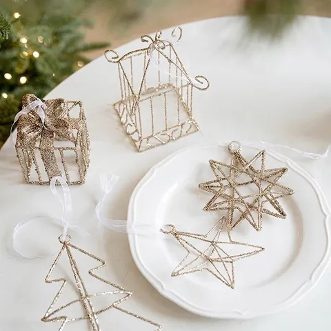 Gold Glitter Iron Christmas Hanging Ornaments Star Tree Gift Box Birdhouse Hollow Metal Christmas Tree Decorations