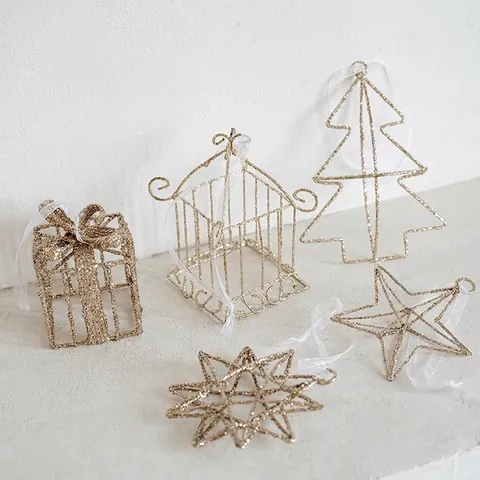 Nordic Gold Glitter Iron Wire Christmas Tree Hanging Ornament Star Gift Box Birdhouse Festive Home Party Decoration