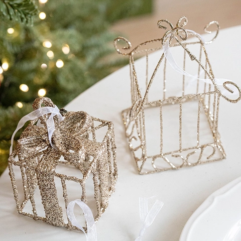 Nordic Gold Glitter Iron Wire Christmas Tree Hanging Ornament Star Gift Box Birdhouse Festive Home Party Decoration