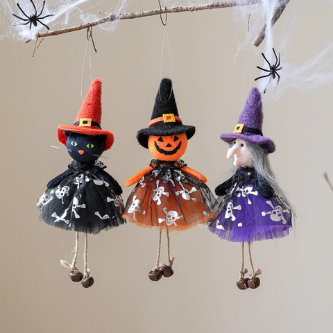 Halloween Kürbis Geist Hexe Schwarze Katze Hängepuppe Anhänger Mit Glocke Filz Netz Dekoration Für Party Haus Deko Geschenk