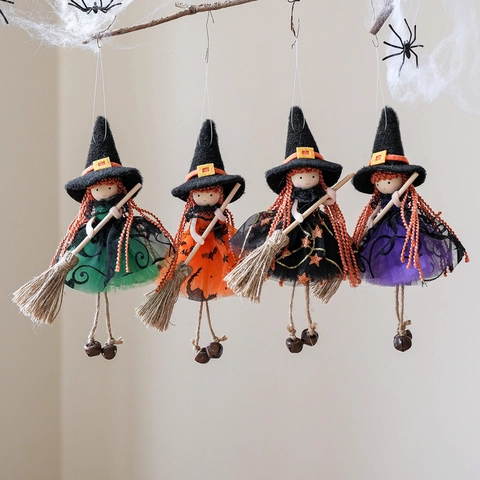 Poupée de Sorcière d'Halloween À Suspendre Avec Jupe En Résille Balai Et Cloches Pour Fête Maison Cadeau
