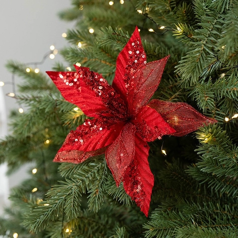 Large Christmas Poinsettia Artificial Flower With Sequins Mesh Handmade Gauze Floral Decoration For Christmas Tree Home Party Wedding Decor