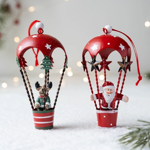 Adorno Colgante Globo Aerostático de Navidad Hierro Pintado Papá Noel Reno Muñeco de Nieve Estrellas Decoración Árbol Navidad