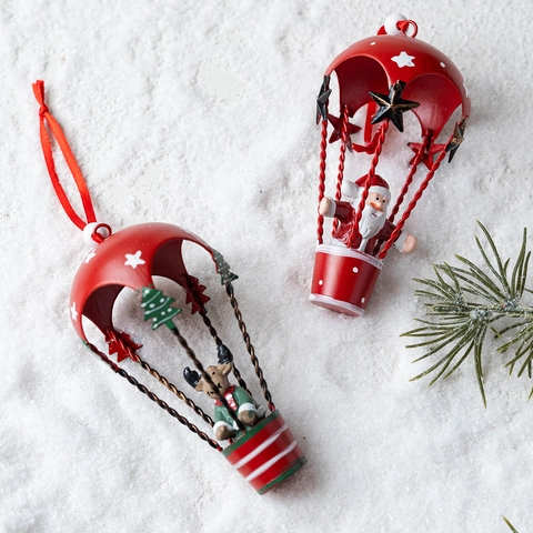 Adorno Colgante Globo Aerostático de Navidad Hierro Pintado Papá Noel Reno Muñeco de Nieve Estrellas Decoración Árbol Navidad