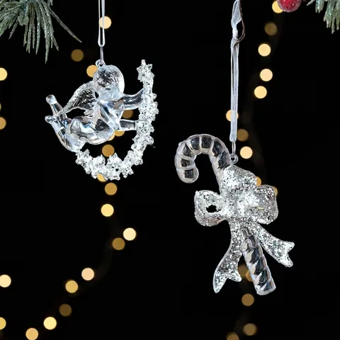 Decorazioni per Albero di Natale in Acrilico Trasparente Ciondolo Sospeso Angelo Renna Fiocco di Neve con Glitter