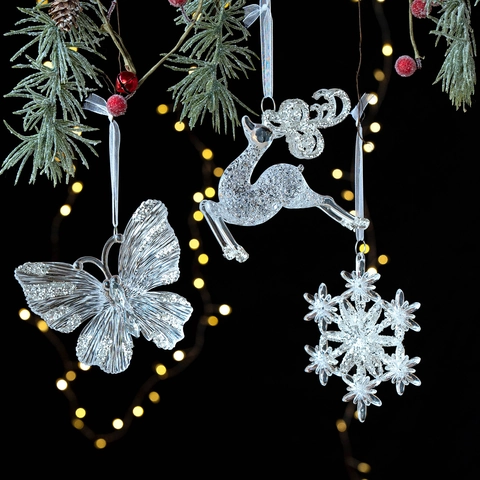 Decorazione Natalizia da Appendere in Acrilico Trasparente Argento Glitter Albero di Natale Renna Fiocco di Neve Angelo Ciondolo Casa
