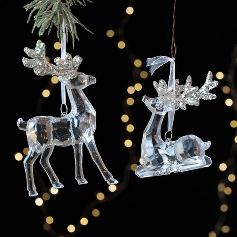 Decorazione Natalizia da Appendere in Acrilico Trasparente Argento Glitter Albero di Natale Renna Fiocco di Neve Angelo Ciondolo Casa