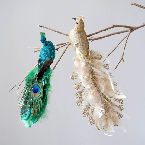 Simulation Peacock Christmas Tree Hanging Ornaments Glitter Foam Feather Birds For Xmas Holiday Home Party Decoration Elegant