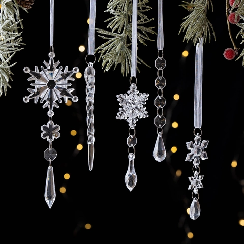 Ornamenti Natalizi Trasparenti a Forma di Fiocco di Neve e Ghiacciolo in Plastica Effetto Cristallo Pendenti per Albero Decorazione
