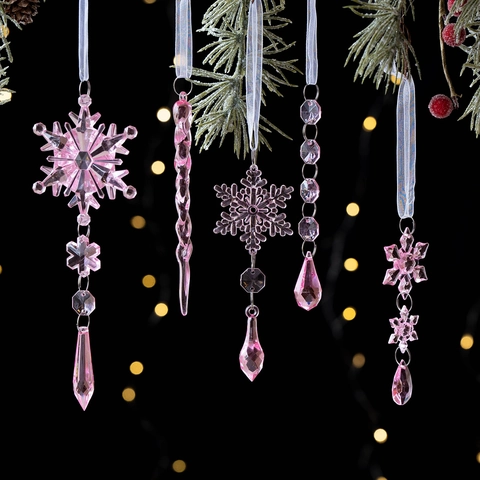 Ornamenti Natalizi Trasparenti a Forma di Fiocco di Neve e Ghiacciolo in Plastica Effetto Cristallo Pendenti per Albero Decorazione